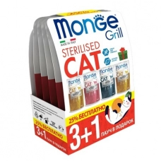 Monge Новогодний набор ЧЕТЫРЕ ЛАПЫ Grill Pouch для стерилизованных кошек 3+1